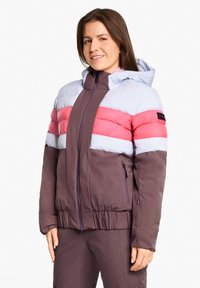Colorful padded jacket featuring a light blue hood, red and white horizontal stripes, and a dark brown body, with zipper pockets and elastic cuffs.