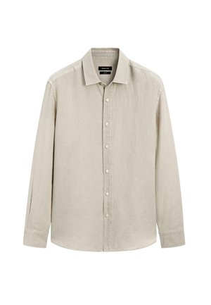 Chemise boutonnée beige clair à manches longues en tissu texturé, dotée d'un col classique et de six boutons sur le devant.