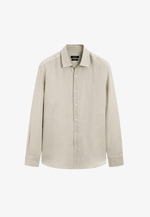 Camicia a maniche lunghe color beige chiaro, realizzata in tessuto testurizzato, con colletto classico e sei bottoni frontali.