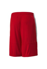 Rote Sporthosen mit elastischem Bund, ausgestattet mit einem grauen Seitenpaneel und einer glatten, leichten Stoffstruktur.