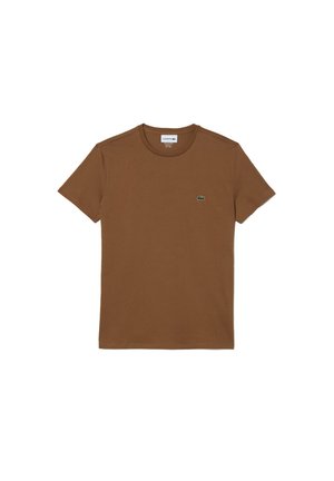 Bruine katoenen t-shirt met korte mouwen en een ronde hals. Bevat een klein groen geborduurd logo op de linkerborst.
