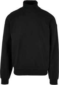 Svart høyhalset sweatshirt med en avslappet passform, lange ermer og ribbestrikkede mansjetter. Laget av et mykt, teksturert stoff.