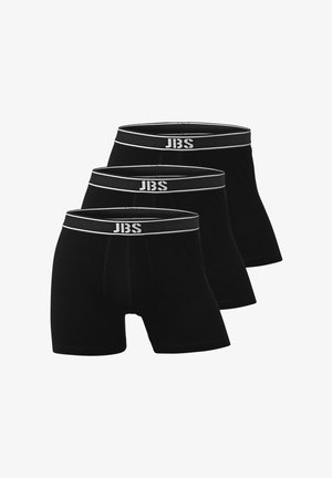 Sorte bomulds boxer briefs med en sort talje med et hvidt "JBS" logo og kontrastsyning, præsenteret i en pakke med tre.