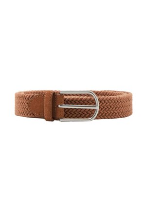 Brauner geflochtener Stoffgürtel mit Wildleder-Schlaufe und silberner D-förmiger Metallschnalle.