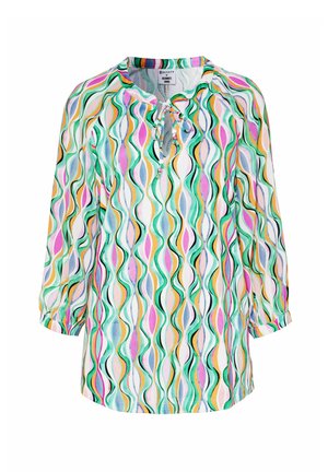 Colorful, patterned blouse featuring a v-neck with ties, made of lightweight fabric. The design includes wavy lines in pink, green, and yellow.