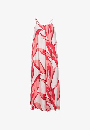 Ærmeløs, løs maxikjole med tynde stropper med dristige røde og pink abstrakte bladmønstre på lyserød baggrund.