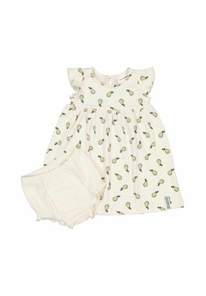 Flødefarvet babykjole med gul pæreprint og matchende ensfarvede flødefarvede bloomers på hvid baggrund.