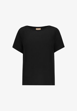 Sort kortærmet løs bluse med bred rund halsudskæring og lige kant.