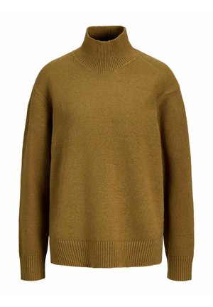 Pull à col roulé en maille marron avec manches longues et poignets et ourlet côtelés sur fond blanc.