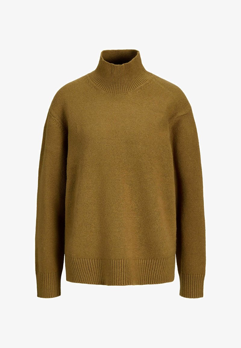 Pull à col roulé en maille marron avec manches longues et poignets et ourlet côtelés sur fond blanc.