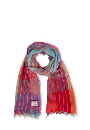 Kleurrijke geruite sjaal met rode, paarse, blauwe en groene strepen, franjes aan de randen en een klein rechthoekig merkje.