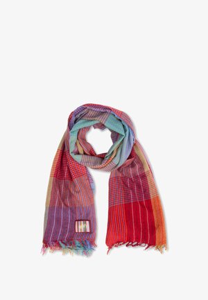 Kleurrijke geruite sjaal met rode, paarse, blauwe en groene strepen, franjes aan de randen en een klein rechthoekig merkje.