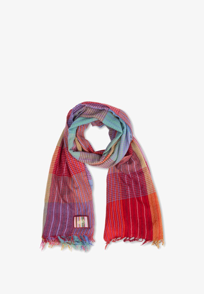 Kleurrijke geruite sjaal met rode, paarse, blauwe en groene strepen, franjes aan de randen en een klein rechthoekig merkje.