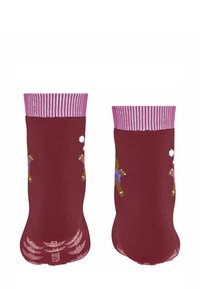 Dziecięce bordowe skarpetki z różowymi paskowanymi ściągaczami i wzorami pierniczków, wyposażone w antypoślizgowe podeszwy.