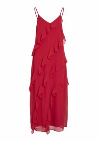 Raudona šifono suknelė su volanų dizainu, turinti plonas spaghetti petnešas ir asimetrišką sijoną. Lengva, plazdanti tekstūra, vidutinio ilgio.