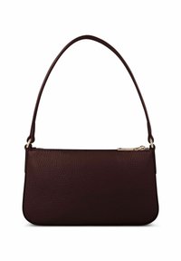 Borsa a spalla in pelle marrone scuro con superficie texture e chiusura con zip argentata sulla parte superiore, dotata di una sola tracolla.