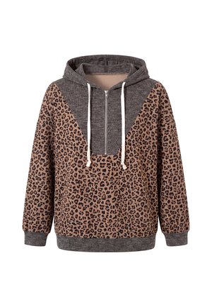 Hoodie met lange mouwen met bruine luipaardprint en geribbelde donkergrijze stukken op de capuchon, manchetten, zoom en rits aan de voorkant met witte trekkoorden.