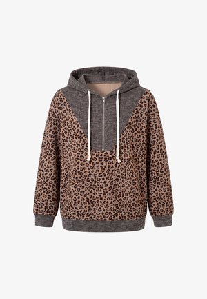 Langärmeliger Hoodie mit braunem Leopardenmuster und gerippten dunkelgrauen Bereichen an Kapuze, Bündchen, Saum und vorne mit Reißverschluss sowie weißen Kordeln.