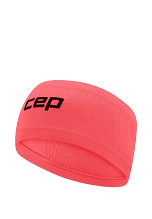 Bright coral pink knitted headband with black "cep" logo knitted on one side.