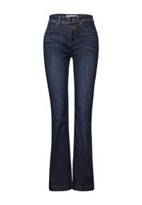 Granatowe, rozszerzane dżinsy wykonane z denimu, z wysokim stanem, kontrastowym przeszyciem, przednimi kieszeniami i zapięciem na zamek błyskawiczny.