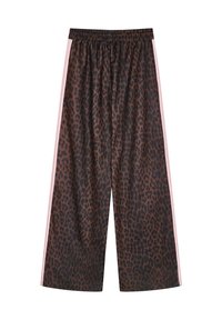Weit geschnittene Hose mit braun-schwarzem Leopardenmuster und hellrosa Seitenstreifen, mit elastischem Bund.