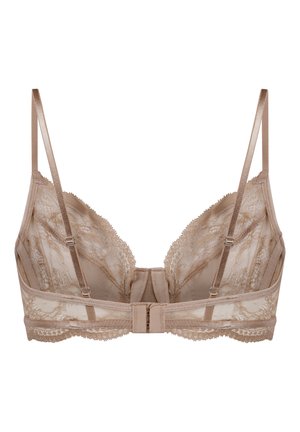 Bralette in pizzo beige chiaro con spalline regolabili, bordi smerlati e chiusura posteriore con gancio a occhiello. Tessuto trasparente con dettagli a motivo floreale.