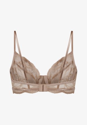 Bralette in pizzo beige chiaro con spalline regolabili, bordi smerlati e chiusura posteriore con gancio a occhiello. Tessuto trasparente con dettagli a motivo floreale.