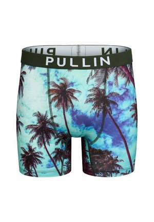 Boxers pour hommes avec un imprimé palmier tropical et ciel bleu, et une ceinture noire marquée "PULLIN" en lettres blanches.