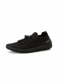 Black athletic shoe made of breathable mesh. Features a textured rubber sole with a triangular pattern and elastic laces for secure fit.