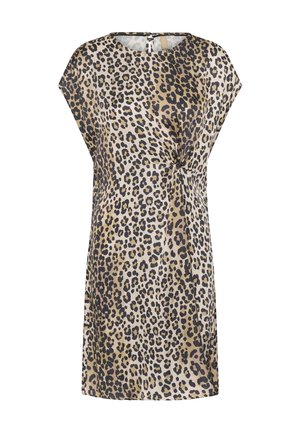 Sukienka z krótkim rękawem w panterkę, z okrągłym dekoltem i detalem w postaci bocznego węzła, w odcieniach beżu, brązu i czerni.