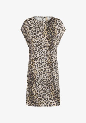 Kurzärmeliges Kleid mit Leopardenmuster, rundem Ausschnitt und seitlicher Knotendetail, in Beige-, Braun- und Schwarztönen.