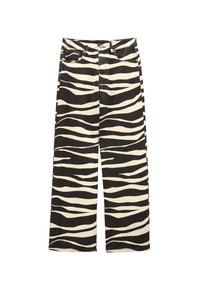 Spodnie o szerokich nogawkach z mieszanki bawełny, w czarno-kremowy wzór zebry, z zapięciem na guziki z przodu oraz pięcioma kieszeniami.