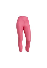 Leggings rosa con un tessuto liscio ed elastico. Presentano una vita alta e un design aderente che si restringe alle caviglie.