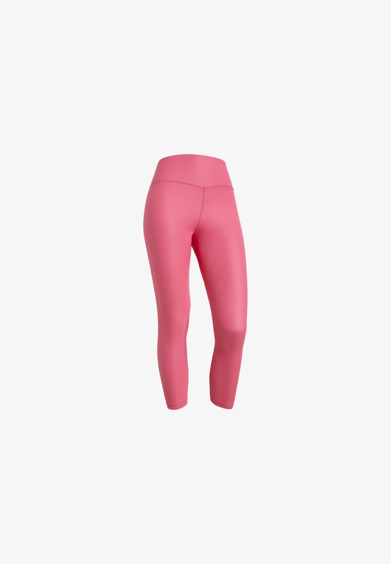 Leggings rosa con un tessuto liscio ed elastico. Presentano una vita alta e un design aderente che si restringe alle caviglie.