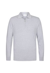 Graues Langarm-Polo mit einem Reißverschlusskragen, aus weichem Stoff gefertigt. Es bietet eine lockere Passform, gerippte Bündchen und eine dezente Textur.