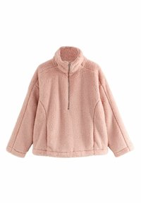 Heled roosa fleece-pullover kõrge kaelusega, poolsiirdi ees ja vaba lõikega. Omab pehmet, tekstuuri ja langenud õlgadega pinda.