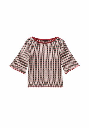 Punainen ja musta sahalaitaista kuviota oleva paita, jossa on kolme neljästä hihasta ja leveä kaula-aukko. Valmistettu kevyestä, teksturoidusta kankaasta, jossa on aaltoileva helma.