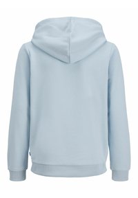 Sudadera con capucha de color azul claro, con una textura suave, puños y dobladillo acanalados. La parte trasera presenta un diseño sencillo sin logotipos ni patrones visibles.