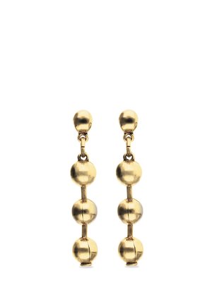 Pendientes colgantes de color dorado con tres cuentas esféricas conectadas en vertical sobre un fondo blanco.