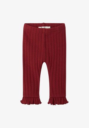 Rode geribde leggings met een gestructureerde afwerking, met gerimpelde zoom bij de enkels en een elastische tailleband voor comfort.