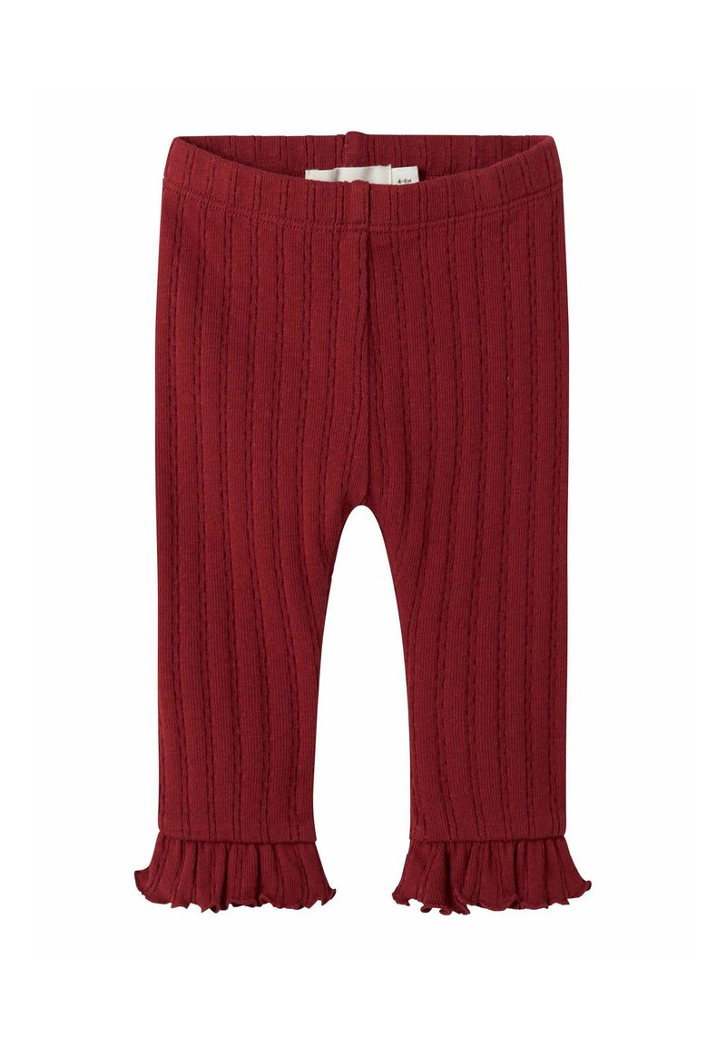 Czerwone legginsy w prążki z teksturowanym wykończeniem, z falbanami u dołu przy kostkach oraz elastycznym pasem dla wygody.