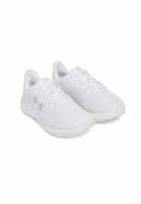 Baskets blanches de sport avec une tige en maille respirante, design à lacets, semelle rembourrée et un léger logo sur le côté.