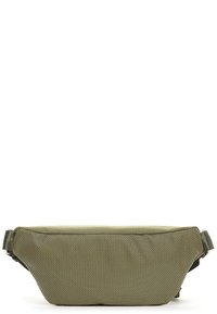 Marsupio verde oliva realizzato in tessuto durevole; forma rettangolare con superficie texture; dotato di tracolla regolabile e chiusura con zip.