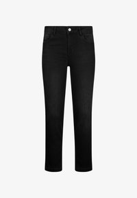 Jeans de mezclilla negra con corte recto, que presentan un cierre frontal con botón, cinco bolsillos y una textura suave.