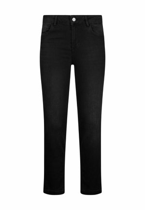 Jeans in denim nero con taglio dritto, dotati di chiusura con bottone frontale, cinque tasche e una texture liscia.