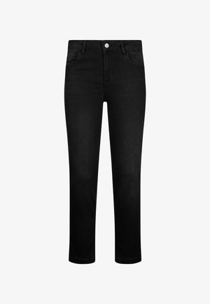 Schwarze Denim-Jeans mit geradem Schnitt, ausgestattet mit einem Frontknopfverschluss, fünf Taschen und einer glatten Textur.