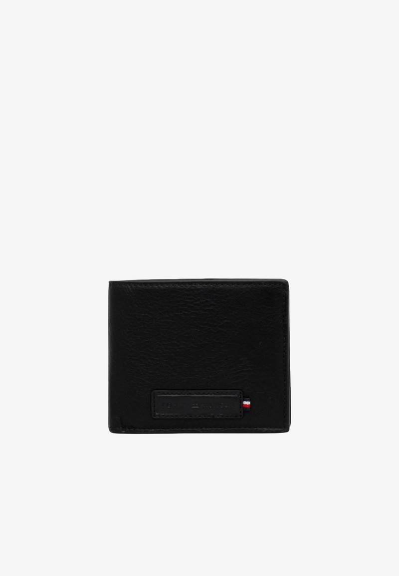 Black leather wallet with a textured finish, featuring a rectangular logo patch and a small tri-color accent at the bottom.