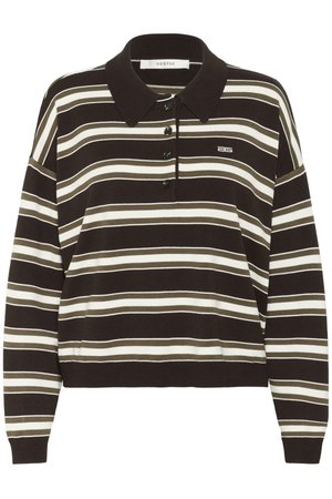 Langermet polo-skjorte med brune, beige og hvite horisontale striper, knappert plagg og liten "BG" logo på brystet.