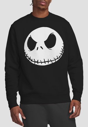 Schwarzer Sweatshirt mit einem großen weißen Jack Skellington Schädelschmuck auf der Vorderseite. Crewneck-Design, gerippte Bündchen und Saum.