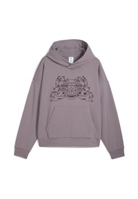 Sudadera con capucha en color malva apagado, con un bolsillo frontal y un gran gráfico negro de gatos estilizados y una cara sonriente. Tela suave, corte relajado.